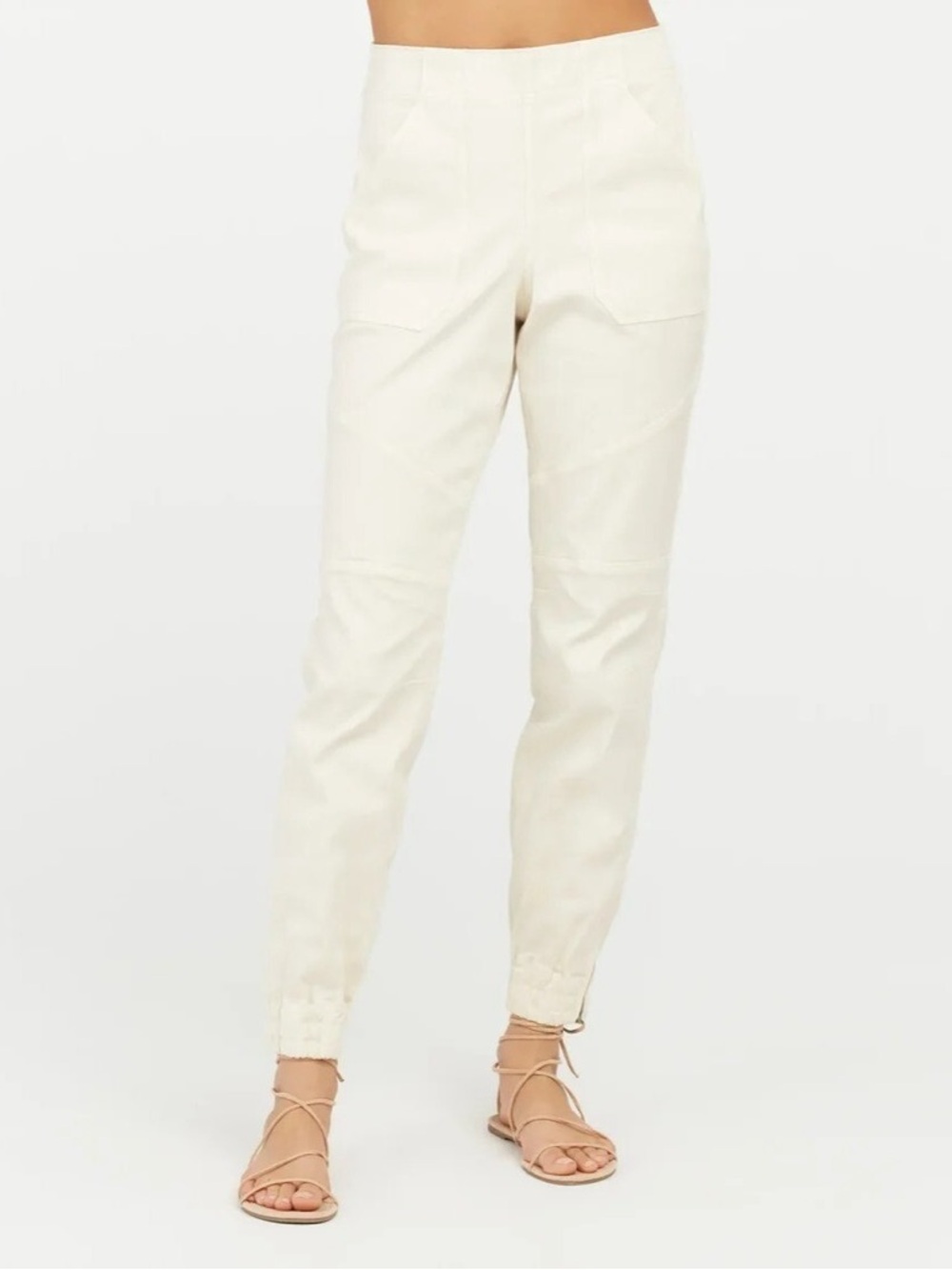 SPANX Stretch Twill Cargo Joggers in Parchment - Off-White Utility Pants - Large